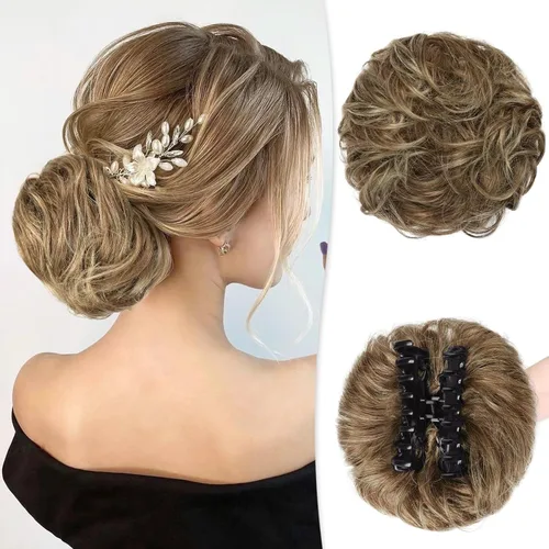 Vista 30 de RUWISS Extensiones de cabello humano real, ondulado y rizado, moño despeinado, cola de caballo para mujer (12H24# castaño rojo/rubio mediano)