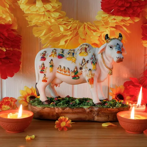Vista 2 de Estatua de vaca de Dios indio que cumple con los deseos, 8.7 pulgadas de largo, figura de ídolo indio Kamadhenu, decoración para hombre indio