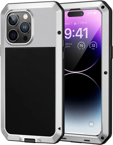 Vista 15 de Lanhiem Funda de metal para iPhone 14, resistente a los golpes, con protector de pantalla de vidrio integrado, 360º cuerpo completo a prueba de Negro