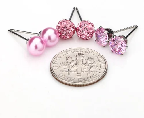 Vista 50 de JewelrieShop - Juego de aretes de tuerca de acero inoxidable con circonitas cúbicas y perlas de imitación, 3 pares de 0.236 in