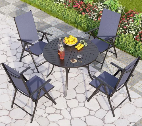 Vista 19 de PHI VILLA Juego de comedor al aire libre para 4, mesa de metal con sillas plegables, negro