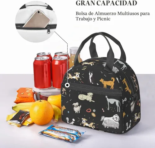 Vista 6 de Bonita Lonchera de Perinsto con Perros en Fondo Negro, Bolsa de Almuerzo Reutilizable Aislada con Correa Ajustable para Oficina, Trabajo, Picnic