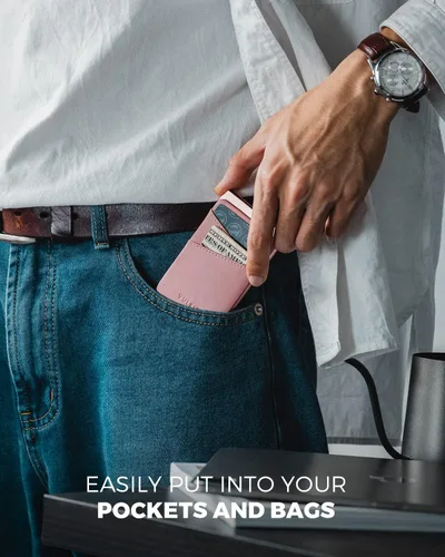 Vista 6 de VULKIT Cartera desplegable para tarjetas de crédito con ranuras de cuero adicionales con bloqueo RFID, funda delgada de metal para tarjetas, Rosa