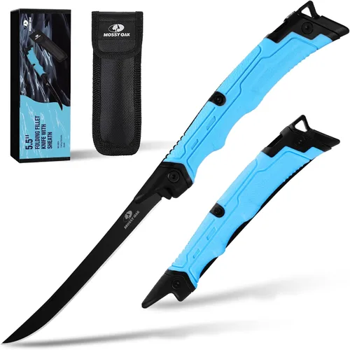 Vista 9 de Mossy Oak Cuchillo de pesca y cebo, filete de pescado de 4 pulgadas con funda protectora, hoja de acero inoxidable 5Cr15MoV afilada, mango