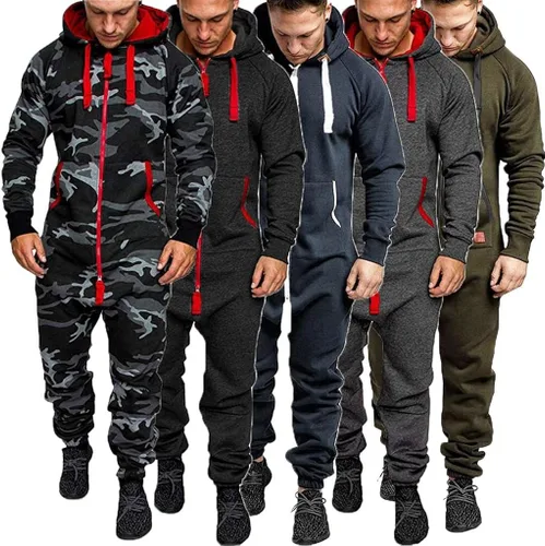 Vista 7 de WoCoo Mens Hooded Jumpsuits Full-Zip One Piece Hoodies Rompers Casual Splicing Onesie Pajamas Tracksuits Joggers Sports Suits