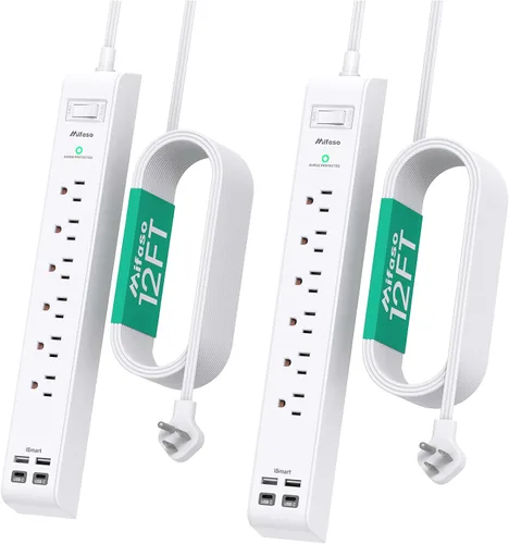 Vista 11 de Paquete de 2 regletas de alimentación, cable de extensión de 3 pies, protector de sobretensiones con 6 tomas de corriente y 4 puertos USB (2 USB C)