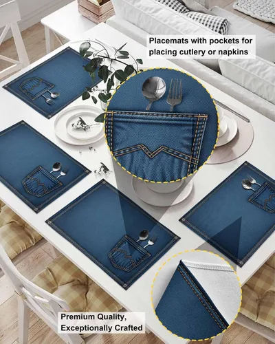 Vista 2 de Western Cowboy - Juego de 4 manteles individuales para mesa de comedor, tela de lino de algodón con bolsillo, arpillera cuadrada, rectangular