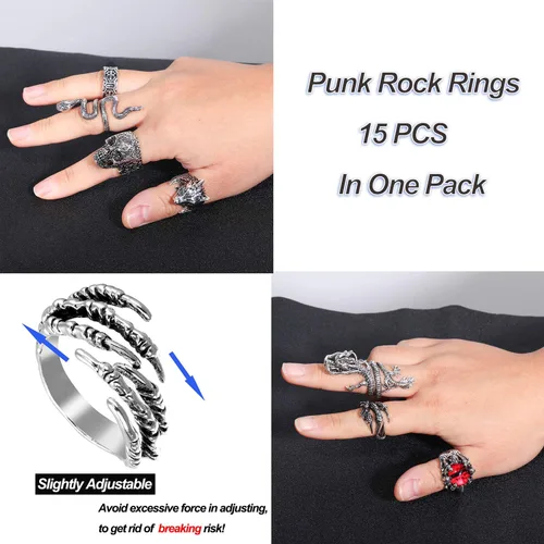 Vista 4 de Honsny 15Pcs Vintage Silver Punk Knuckle Rings for Men Women Cool Gothic Ring Cute Animal Statement Open Ring Set Snake Dragon Stackable Finger