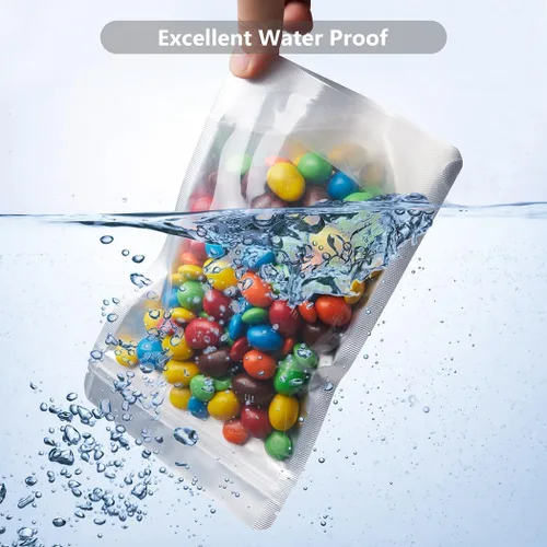 Vista 5 de 100 bolsas de Mylar resellables con ventana frontal transparente, embalaje comestible a prueba de olores, bolsas verticales para almacenamiento