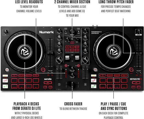 Vista 3 de Paquete completo de equipo de DJ – Numark Mixtrack Pro FX 2 Deck DJ Controller para Serato DJ y M-Audio BX3 altavoces DJ de 3.5 pulgadas