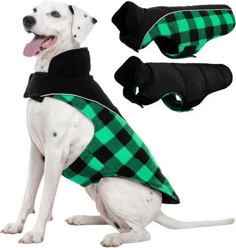 Vista 21 de Kuoser - Abrigo reversible para perros para climas fríos, abrigo de invierno impermeable reflejante para mascotas, abrigo para perros a cuadros