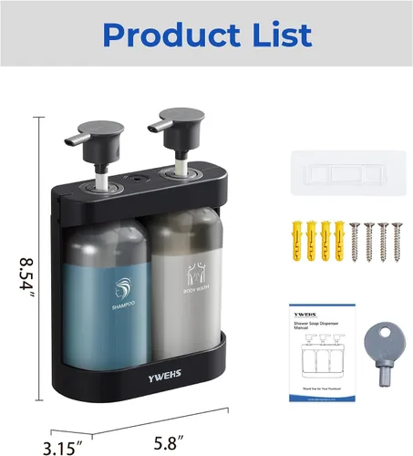 Vista 6 de Dispensador de champú y acondicionador, dispensador de jabón de ducha, 2 cámaras, sin taladro, dispensador de champú para ducha montado en la pared
