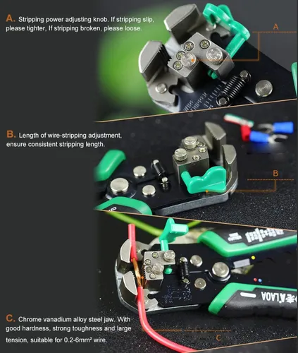Vista 3 de Herramienta pelacables, pelacables, cortador automático de cables, ajuste de 8 AWG a 26 AWG con resortes, herramientas de pelado de cables