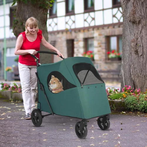 Vista 6 de Timati Cochecito grande de 4 ruedas para perros, cochecito plegable para mascotas, asa ajustable, entrada de cremallera, cochecito de malla
