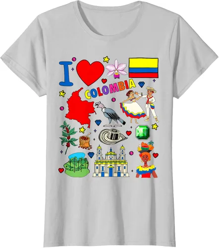 Vista 20 de Camiseta con diseño de bandera y mapa de I Love Colombia dibujada a mano