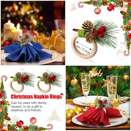 Vista 5 de Geiserailie - 12 servilleteros de Navidad, conos de pino, flor de pascua, calabaza, servilleteros de madera, decoración para Navidad, Acción