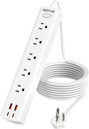 Vista 12 de DEPOW Regleta de Enchufes Negra con Protector contra Sobretensiones, Cable de Extensión Ultra Delgado de 5 Pies con Enchufe Plano, 1700 Julios, 5