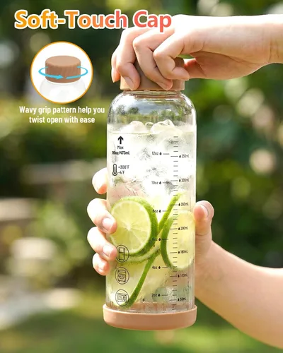 Vista 8 de Zukro Botellas de agua de vidrio con tapa de acero inoxidable de 16 onzas Rosa-ámbar