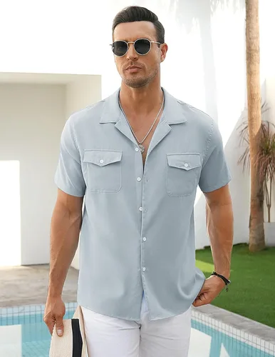 Vista 3 de COOFANDY Men's Linen Short Sleeve Button Down Shirt Casual Cuban Collar Summer Beach Shirts Vacation Essentials