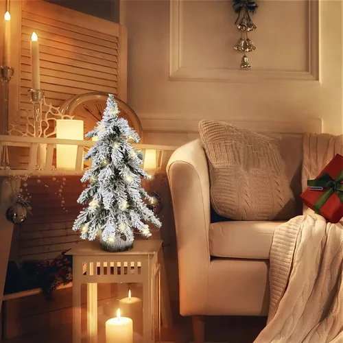 Vista 8 de Prelit - Mini árbol de Navidad artificial, árbol de Navidad de mesa flocado de 18 pulgadas con luces y base de madera, pino de Navidad