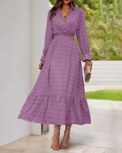 Vista 2 de BTFBM Vestidos de otoño 2023 para mujer, manga larga, cuello en V, lunares suizos, vestido largo bohemio, vestido largo de cintura alta, vestido