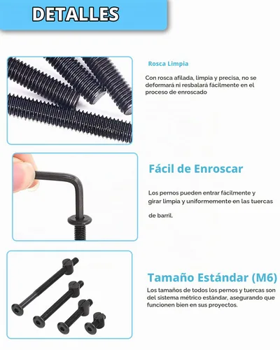 Vista 5 de Kit de repuesto de tornillos para cuna - 16 unidades, pernos para marco de cuna, tuercas de barril y pines de tenon de madera - M6x16/40/60/80 mm