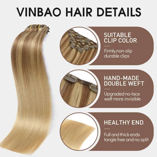 Vista 60 de VINBAO Extensiones de cabello humano con clip, balayage, color marrón ceniza a rubio caramelo, 14 pulgadas, 6 unidades, 3.53 onzas, 6