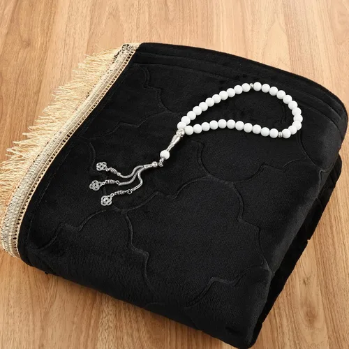 Vista 7 de FUMMI Alfombra de oración musulmana, antideslizante, suave, islámica, para hombres y mujeres, elegante Janamaz con cuentas Tasbih (negro)