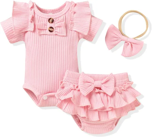 Vista 23 de Aalizzwell Body de manga corta para bebé niña con pantalones cortos acanalados