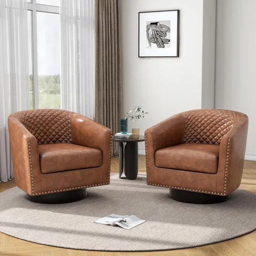 Vista 12 de Pia Ricco Silla de Acento Tipo Barril de Cuero Sintético, Silla de Club Moderna con Brazos, Cómoda Silla Individual Tapizada con Patas de Madera