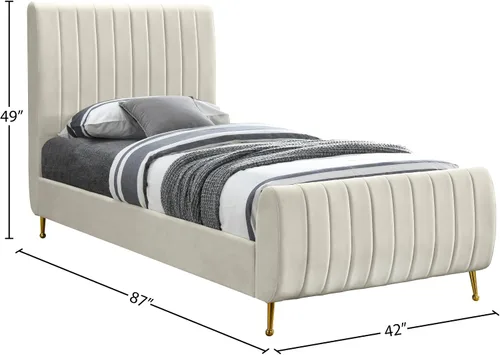 Vista 3 de Meridian Furniture Colección moderna Zara Cama tapizada de terciopelo contemporáneo con acolchonamiento de canal profundo y patas doradas a Crema