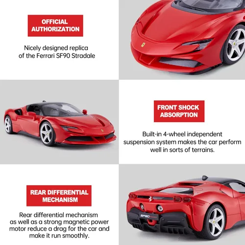 Vista 6 de RASTAR 1/14 Ferrari SF90 Stradale Coche con control remoto por radio, modelo de auto de juguete Ferrari SF90 para niños y niños, 2.4G
