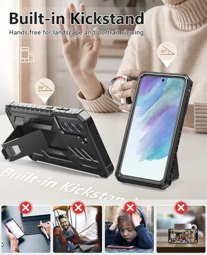 Vista 3 de Funda protectora para Samsung Galaxy S21-FE: Cubierta de protección completa a prueba de caídas de grado militar de doble capa con soporte Carcasa