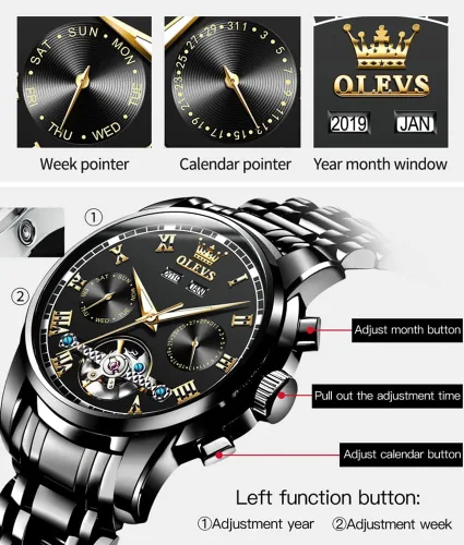 Vista 4 de OLEVS Reloj automático para hombre, cuerda automática, mecánica, de lujo, de acero inoxidable, multicalendario, impermeable, luminoso, reloj