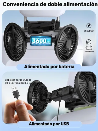 Vista 3 de Ventiladores de coche para asiento trasero, batería de 3600 mAh y Negro