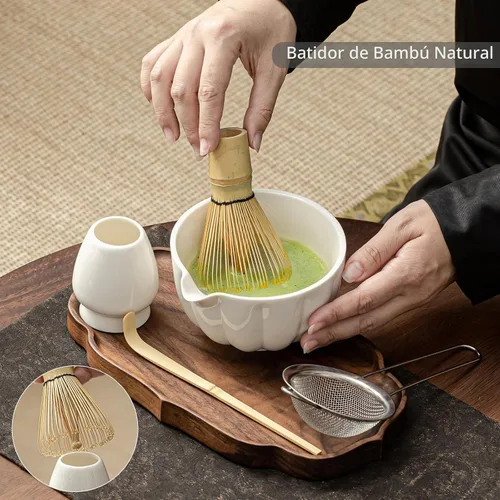 Vista 3 de Juego de batidor de matcha, juego de matcha incluye cuenco de cerámica para matcha, batidor de bambú, cuchara, soporte para Chasen, tamiz, kit
