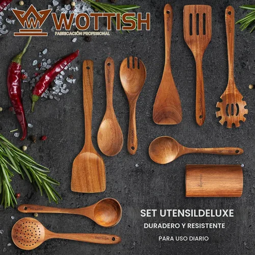 Vista 2 de Cucharas de madera para cocinar, juego de utensilios de cocina de madera, juego de 10 piezas de utensilios de cocina de madera con cucharas