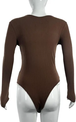 Vista 6 de Ludhou Body de manga larga con cuello en V profundo para mujer, diseño cruzado fruncido, con escote en V y fruncido