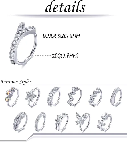 Vista 2 de Akeoqi 12 aros de nariz para cartílago, lindos aretes de hoja, estrella, circonita cúbica, mariposa, pavimentada, joyería para mujeres y hombres