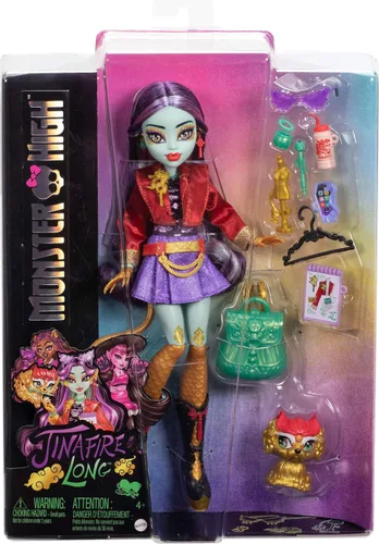 Vista 6 de Monster High Jinafire muñeca larga, Dragón con perro mascota Cloudy “Yun Yun” y 7 accesorios como libreta, bebida de yogur, mochila y más