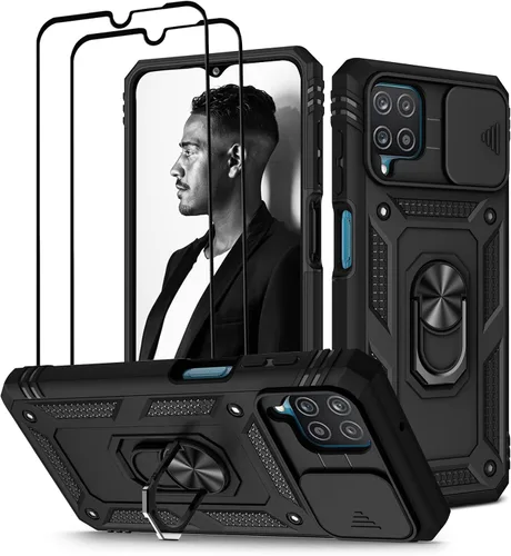 Vista 13 de Jeylly Funda para Galaxy A12 con cubierta deslizante para cámara, protector de pantalla de vidrio templado, protección híbrida de policarbonato duro