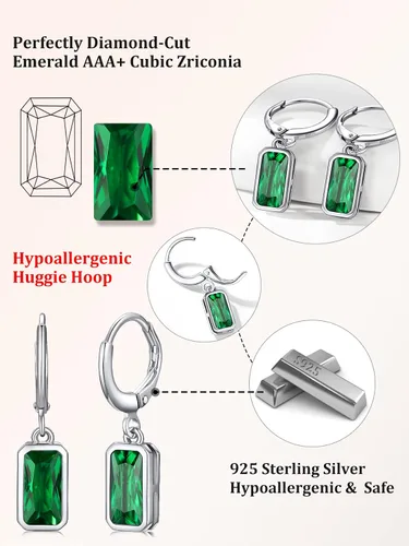 Vista 8 de Bestyle Aretes colgantes de plata de ley pequeños y delicados con piedra natal para mujeres y niñas con cristal rectangular de baguette y aro