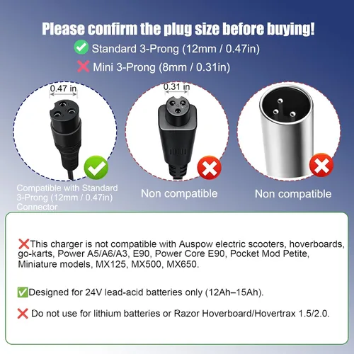 Vista 4 de Cargador de 24 V, cable de repuesto de adaptador de corriente alterna de 6.6 pies No es compatible con hoverboards. Enchufe estándar de 3 clavijas