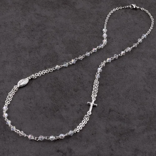Vista 2 de HanlinCC Collar de rosario milagroso chapado en plata brillante con cuentas de cristal facetado de 0.157 in con caja de regalo para mujeres