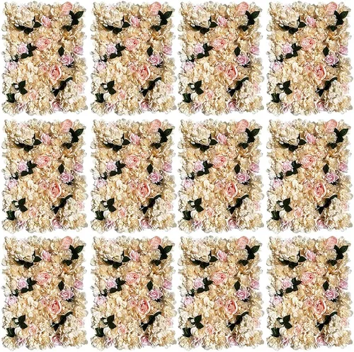 Vista 20 de Paneles de pared de flores 3D, 12 paneles de pared de flores artificiales, rosas de seda, fondo de pared de flores sintéticas decorativas