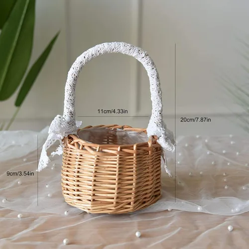 Vista 3 de Cesta de mimbre de ratán para flores, juego de 2 cestas de boda para niña, cesta tejida a mano de sauce con asas e inserto de plástico, cesta