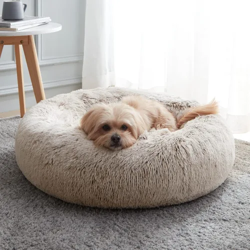 Vista 11 de Cama calmante para perros y gatos, cama antiansiedad, de felpa, con forma de dona, redonda, acolchada, de piel sintética, suave y esponjosa