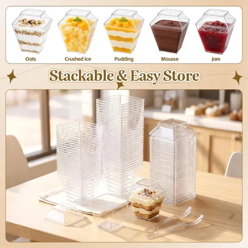 Vista 5 de Oomcu Mini tazas de parfait cuadradas transparentes desechables para yogur, helado, mousse, aperitivos, embutidos, pudín, gelatina, dulces