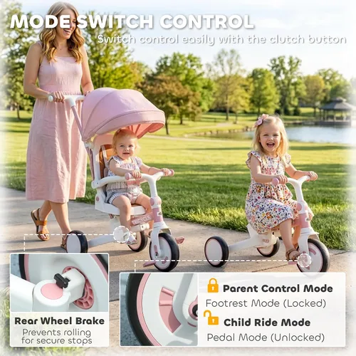 Vista 8 de Qaba 7 en 1 triciclo cochecito plegable bicicleta para niños pequeños 1-5 Rosa