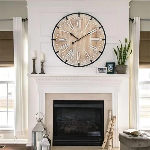 Vista 9 de Reloj de pared Grand Farmhouse de 20 pulgadas, diseño de madera y metal de inspiración vintage con grandes números grabados, reloj silencioso
